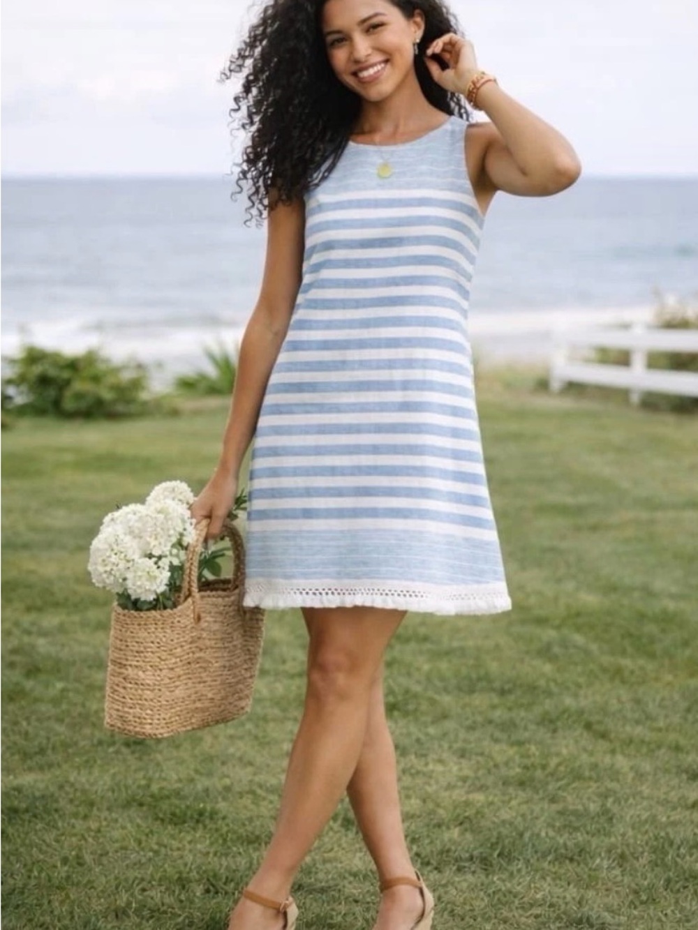 Vineyard Vines Women’s Dress 00 LINEN Blend Martha's Striped Blue White CapShift